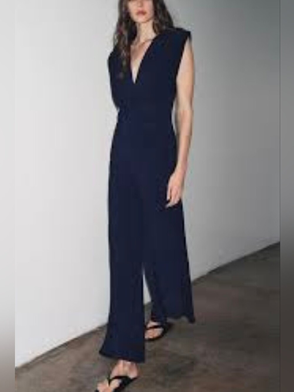 Zara Size L Navy Blue Long Draped Shoulder Pad Jumpsuit